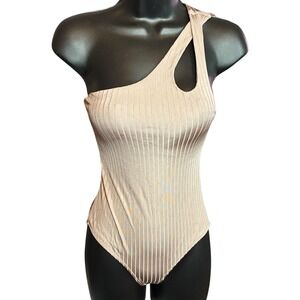 Aerie Beige Ribbed One Shoulder One Piece Swimsuit Cutout XS NWOT